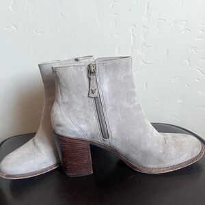 Trask light grey suede and wood heeled zip up ankle boots